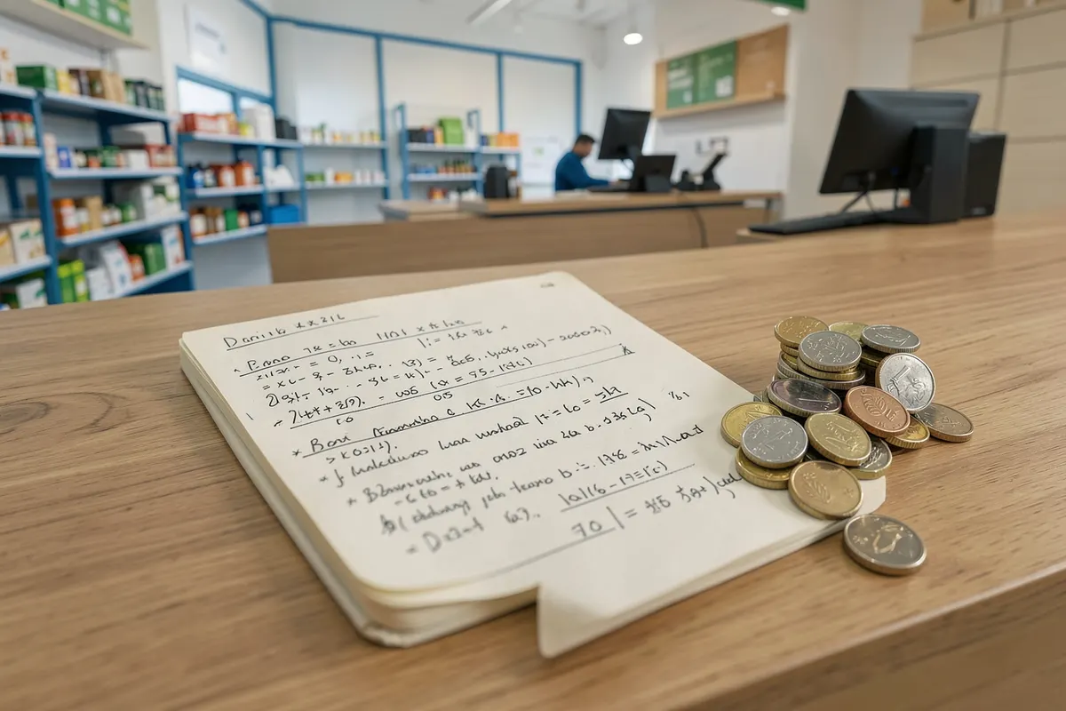 Close-up de um caderno aberto com anotações manuais sobre finanças e moedas ao lado.