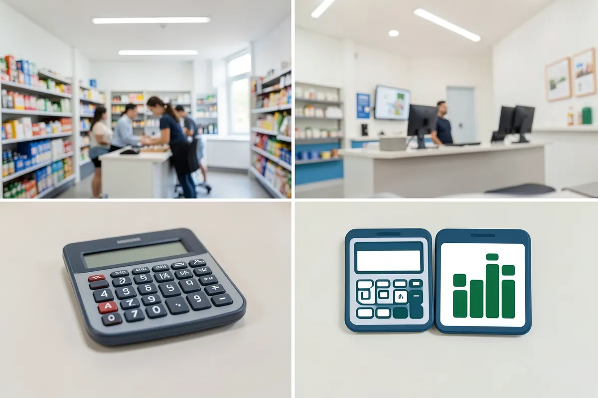 Duas calculadoras lado a lado, uma com foco em números e outra em um gráfico simples.