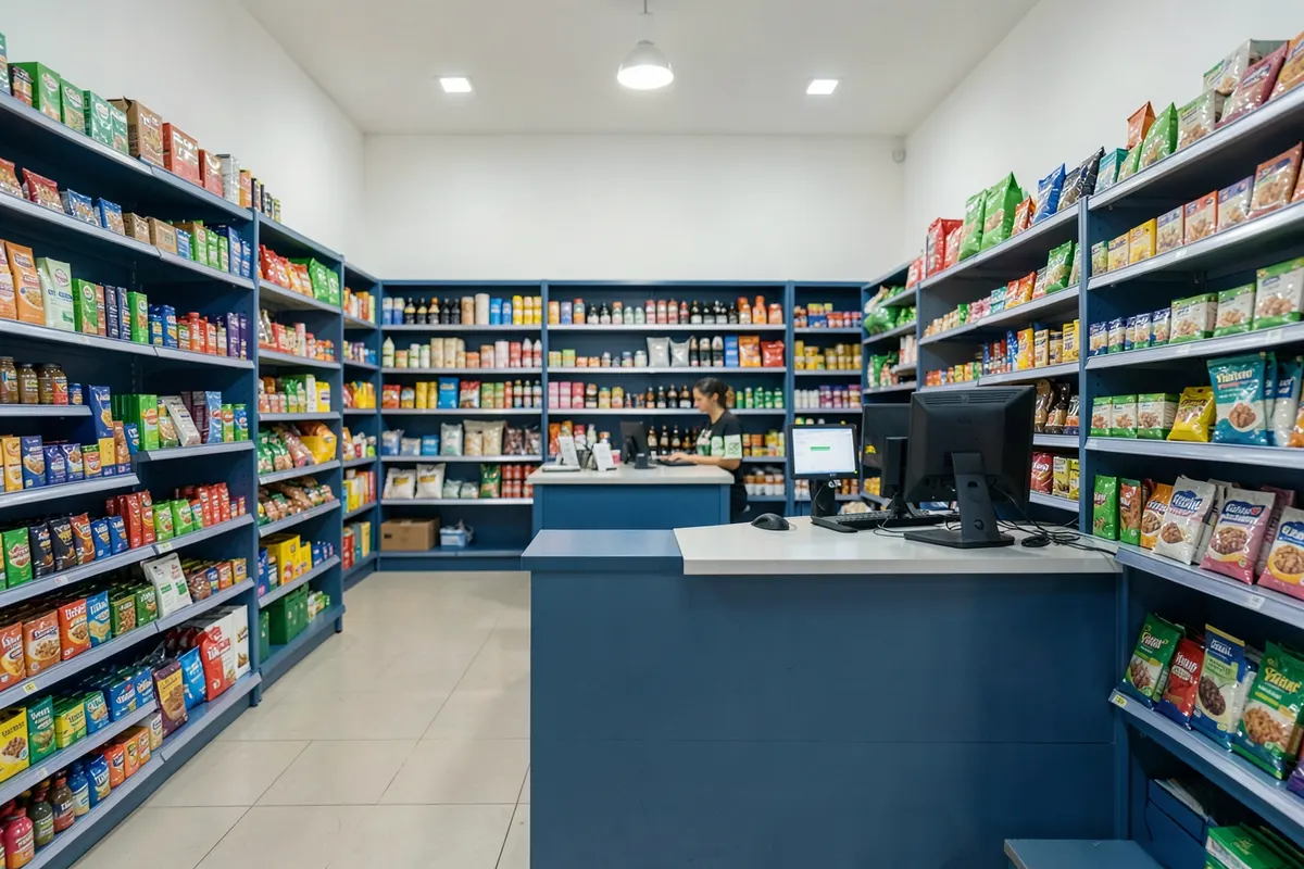 Prateleiras organizadas com produtos em uma loja moderna.