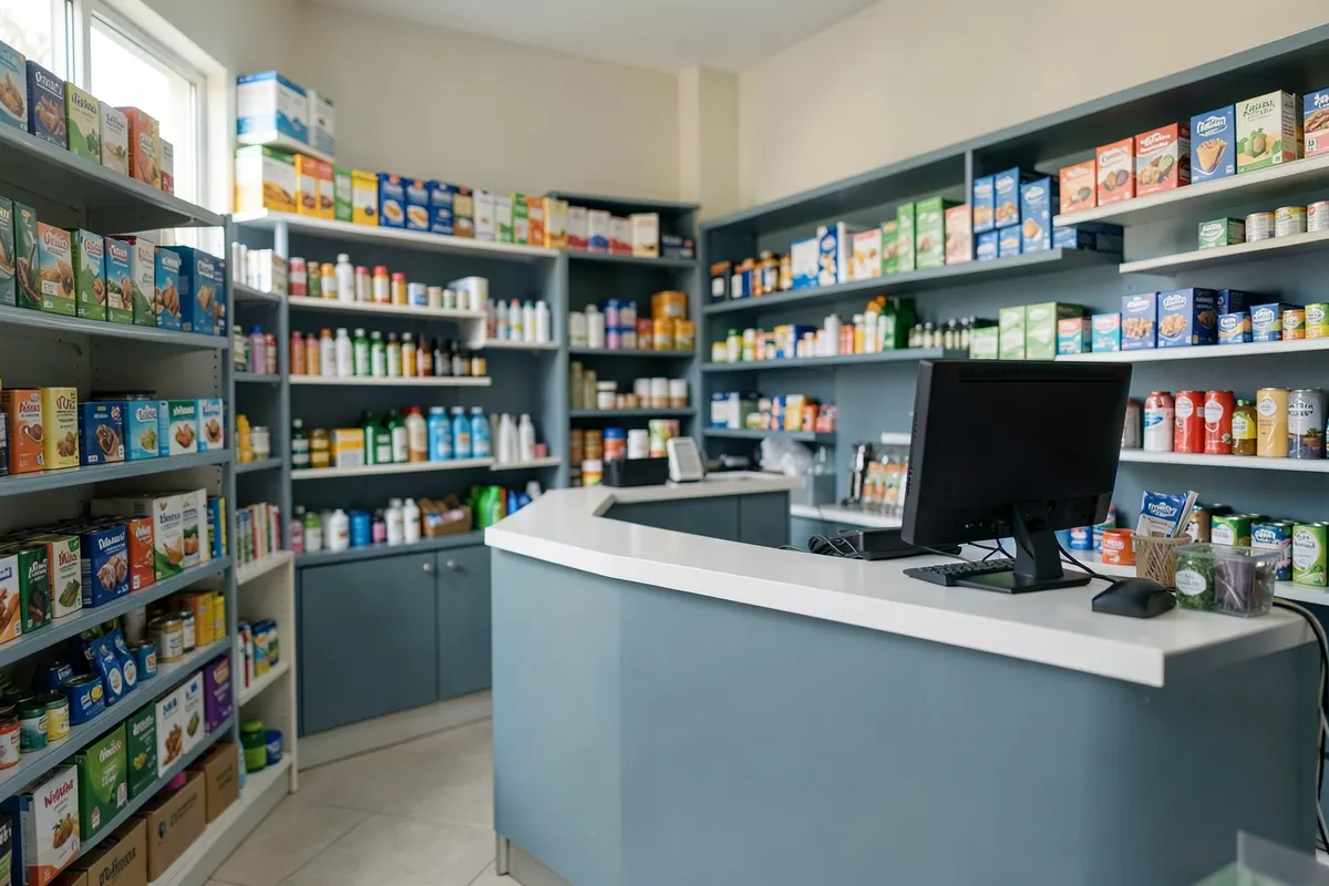 Prateleiras organizadas com produtos variados em uma loja moderna, com balcão de atendimento ao fundo.