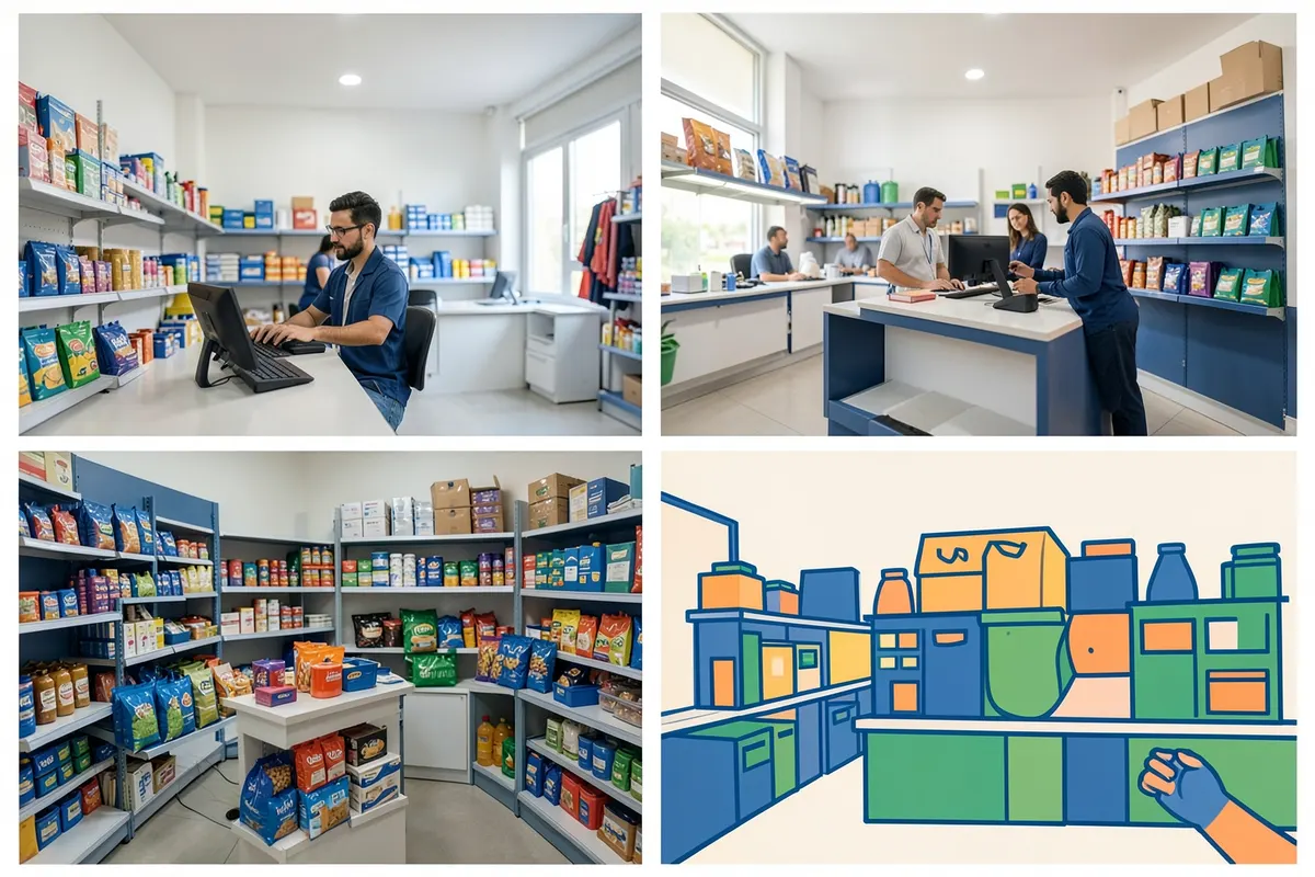 Prateleiras de loja com produtos organizados e iluminação suave, transmitindo eficiência.