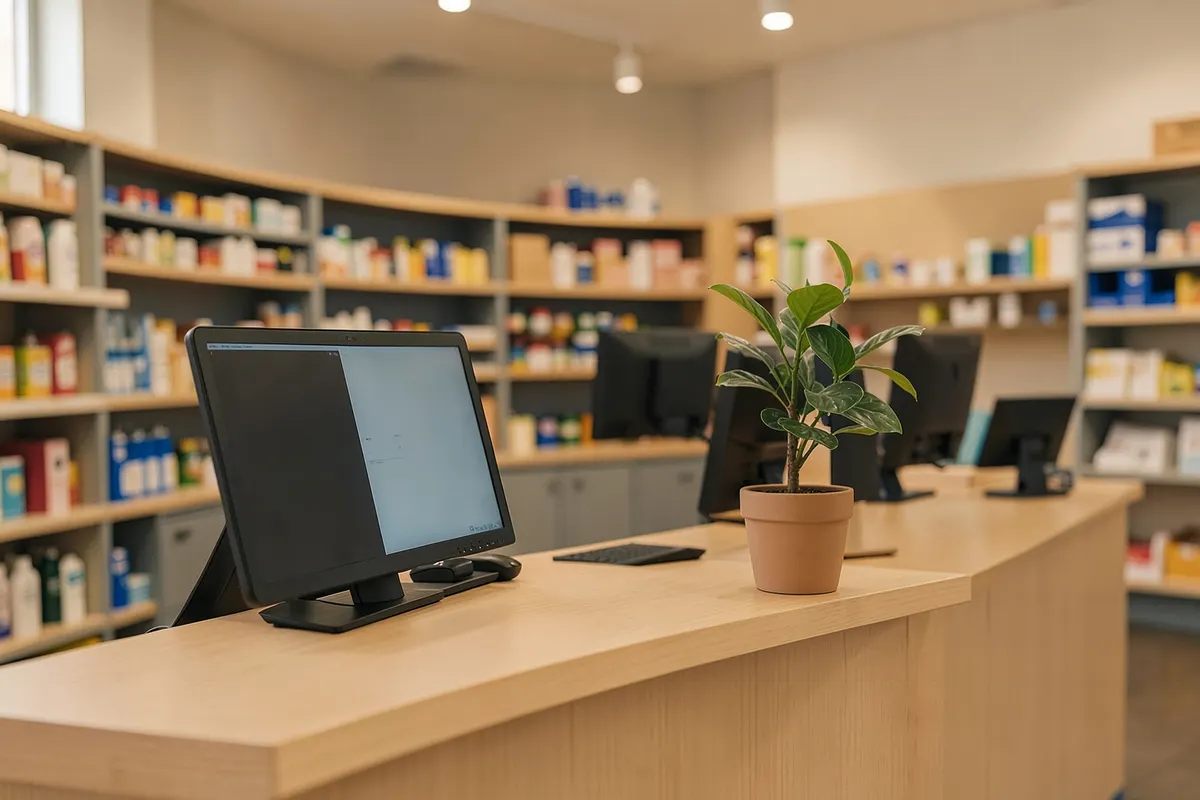 Visão de um balcão de loja com computador e um pequeno vaso de planta, com foco na organização.