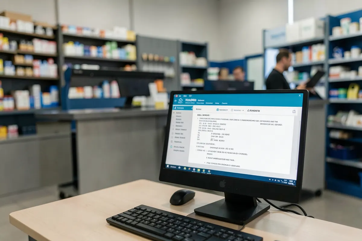 Close-up de um computador exibindo um sistema de gestão de notas fiscais em uma loja.
