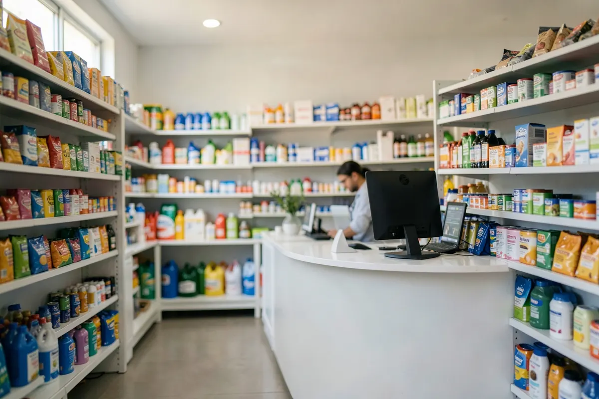 Prateleiras organizadas com produtos variados em uma loja moderna.
