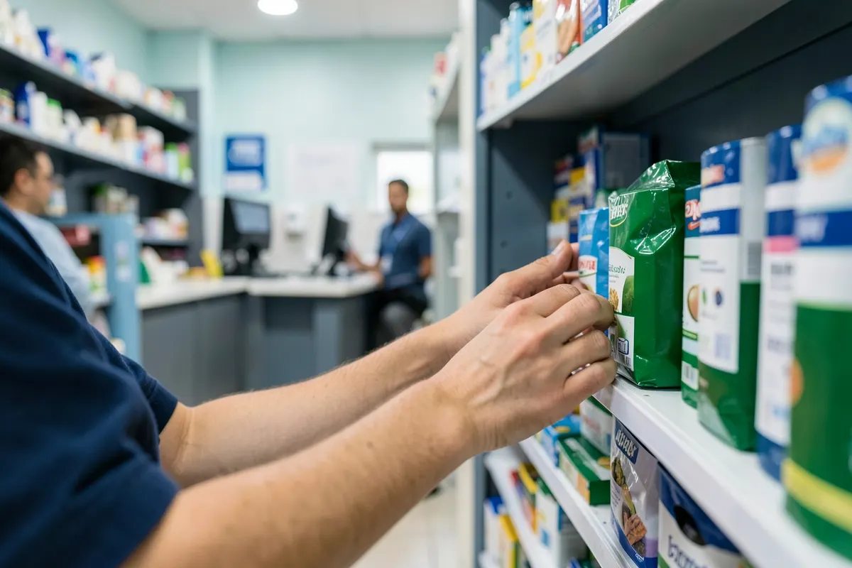 Mãos de um vendedor organizando produtos em uma prateleira.