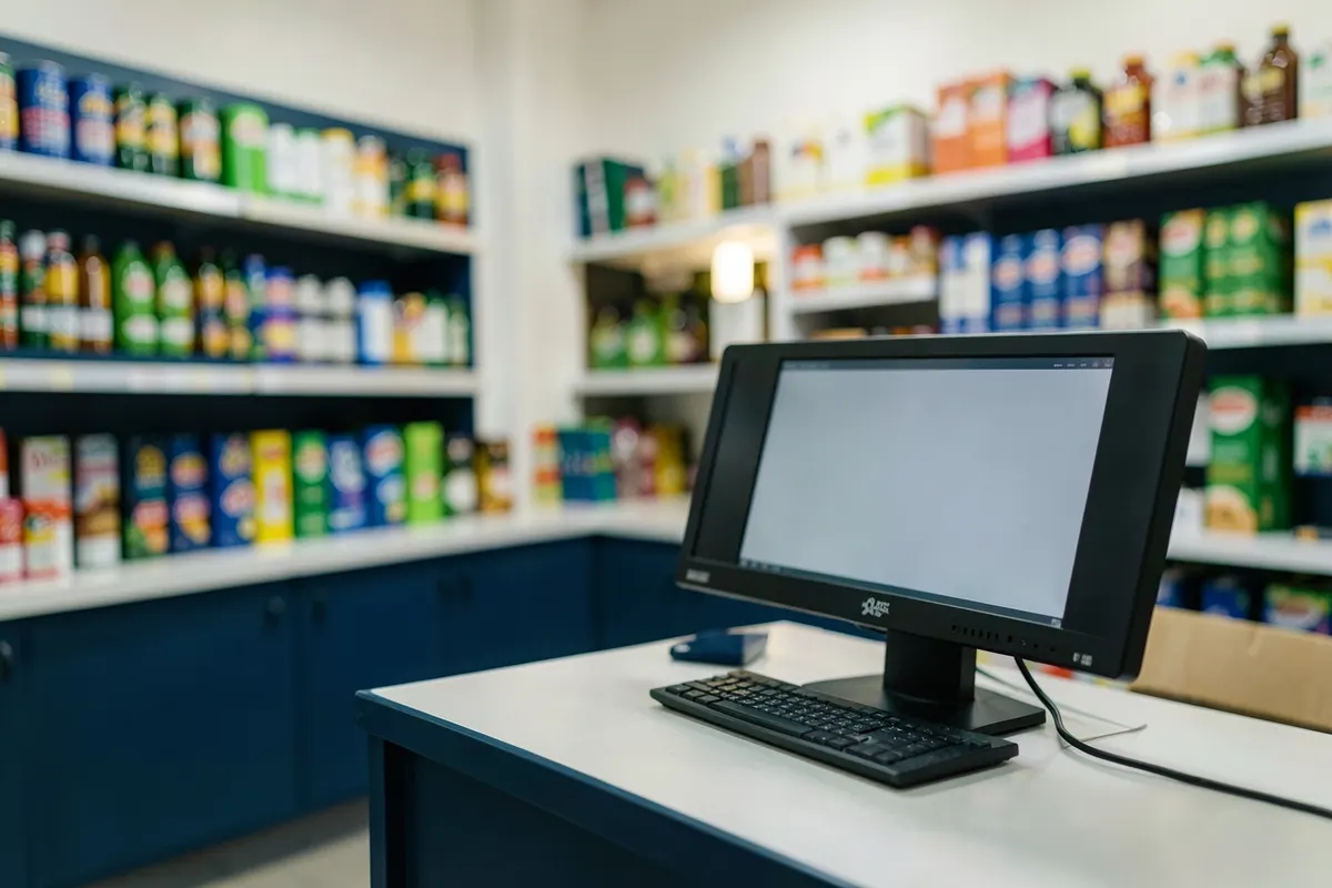 Close-up de um computador em um balcão de loja moderno e organizado, com prateleiras de produtos ao fundo.