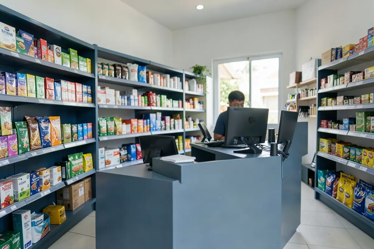 Prateleiras organizadas com produtos variados em uma loja de pequeno porte, com iluminação natural.