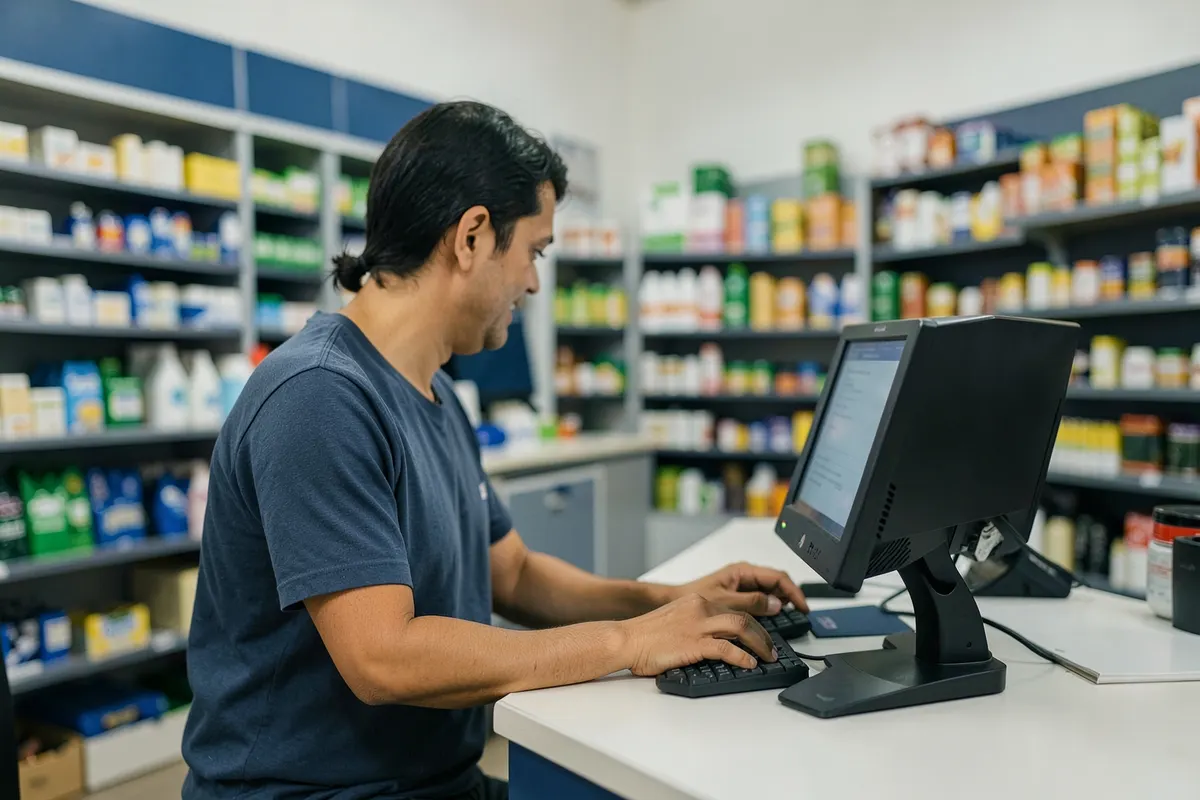 Homem digitando em um computador em um balcão de loja, com prateleiras de produtos desfocadas ao fundo.