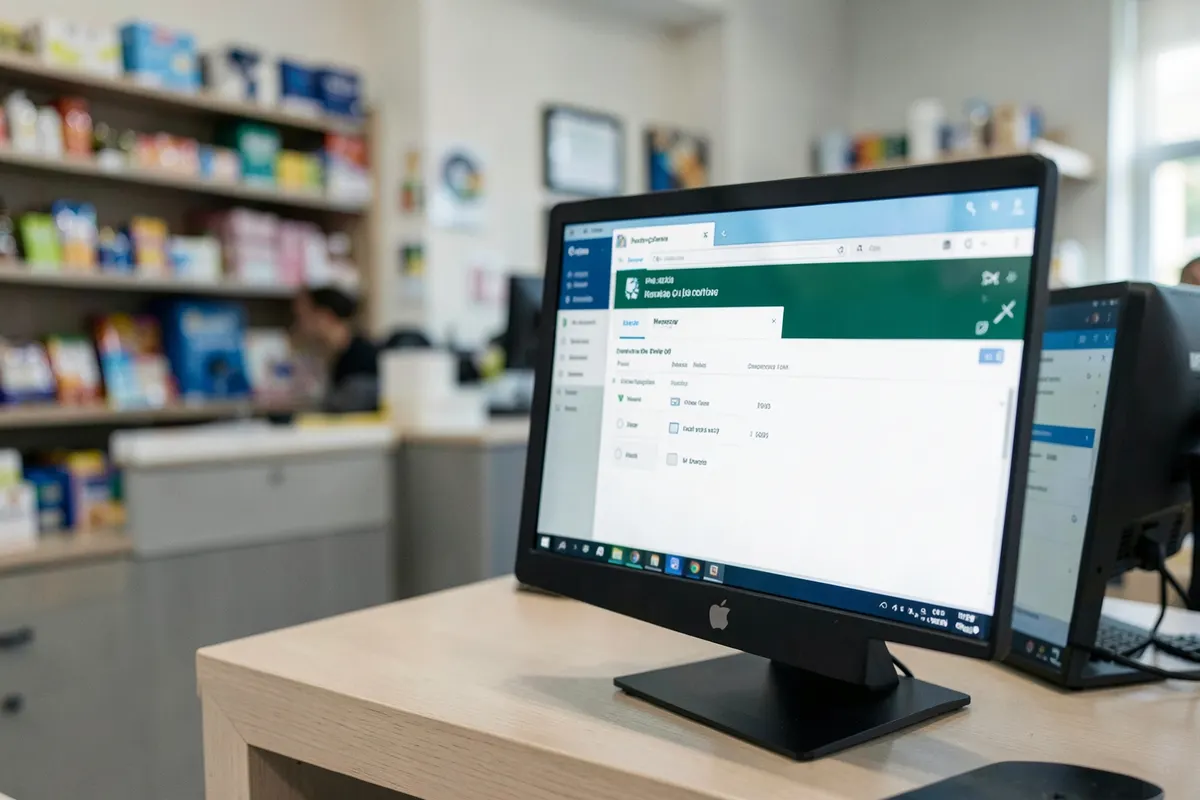 Close-up de um computador mostrando uma tela de gestão comercial em uma loja organizada.