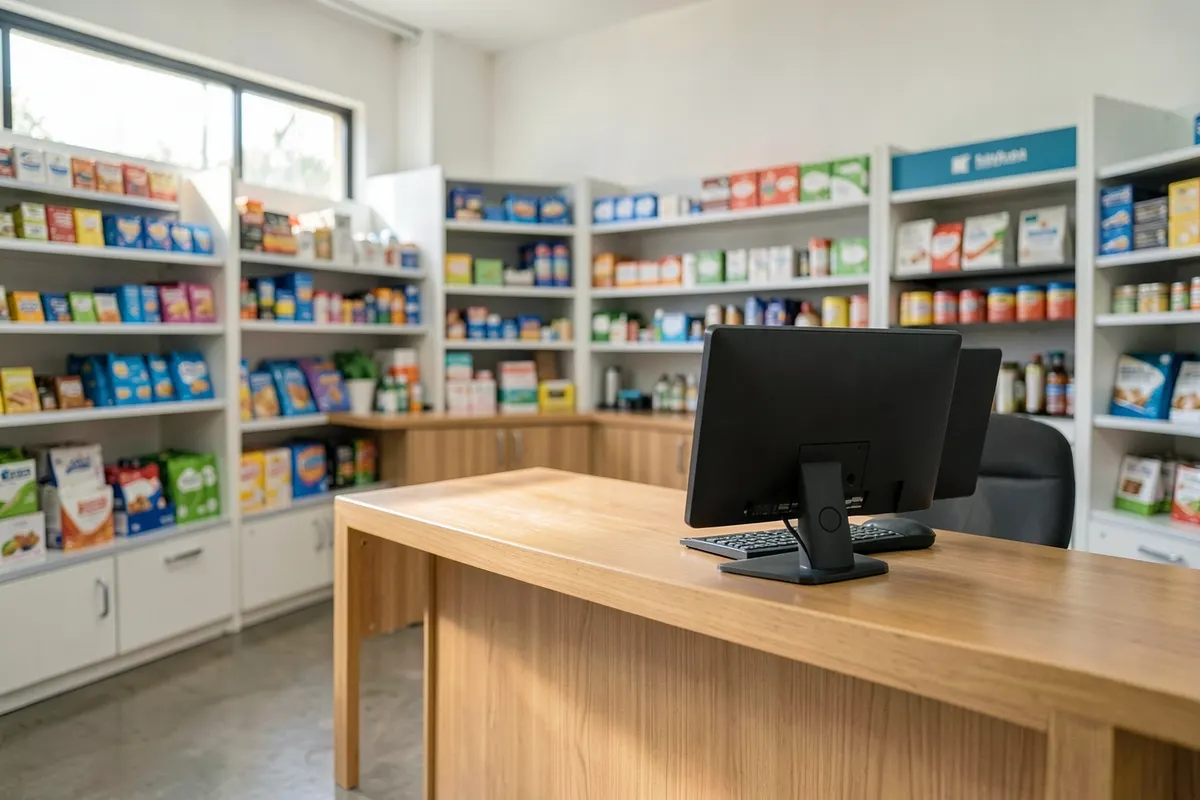Computador em balcão de loja com prateleiras de produtos ao fundo.