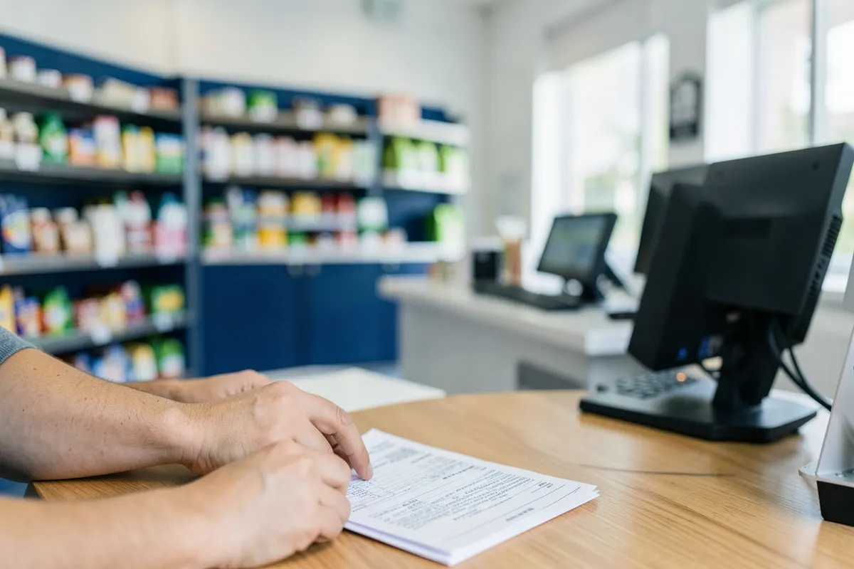 Mãos de um empresário organizando notas fiscais em uma mesa de escritório.