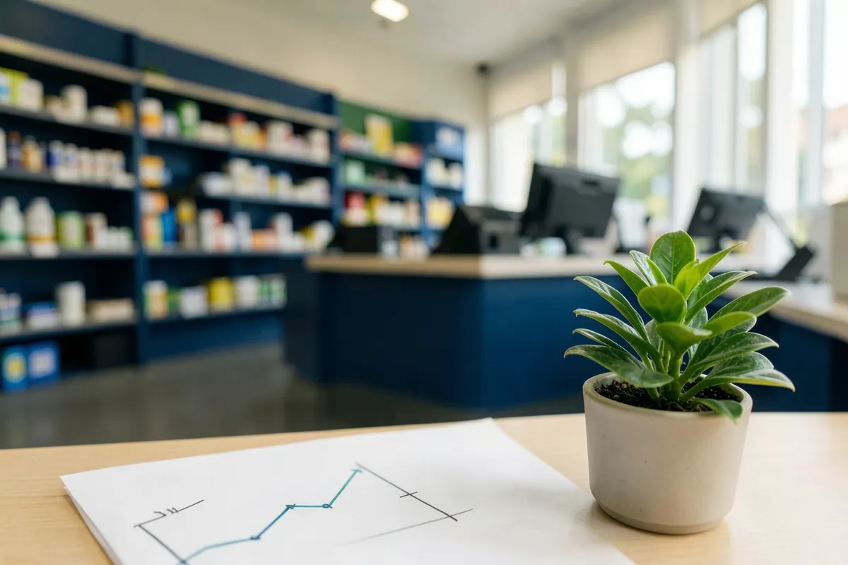 Gráfico simples de crescimento em um papel, com uma planta pequena crescendo ao lado.
