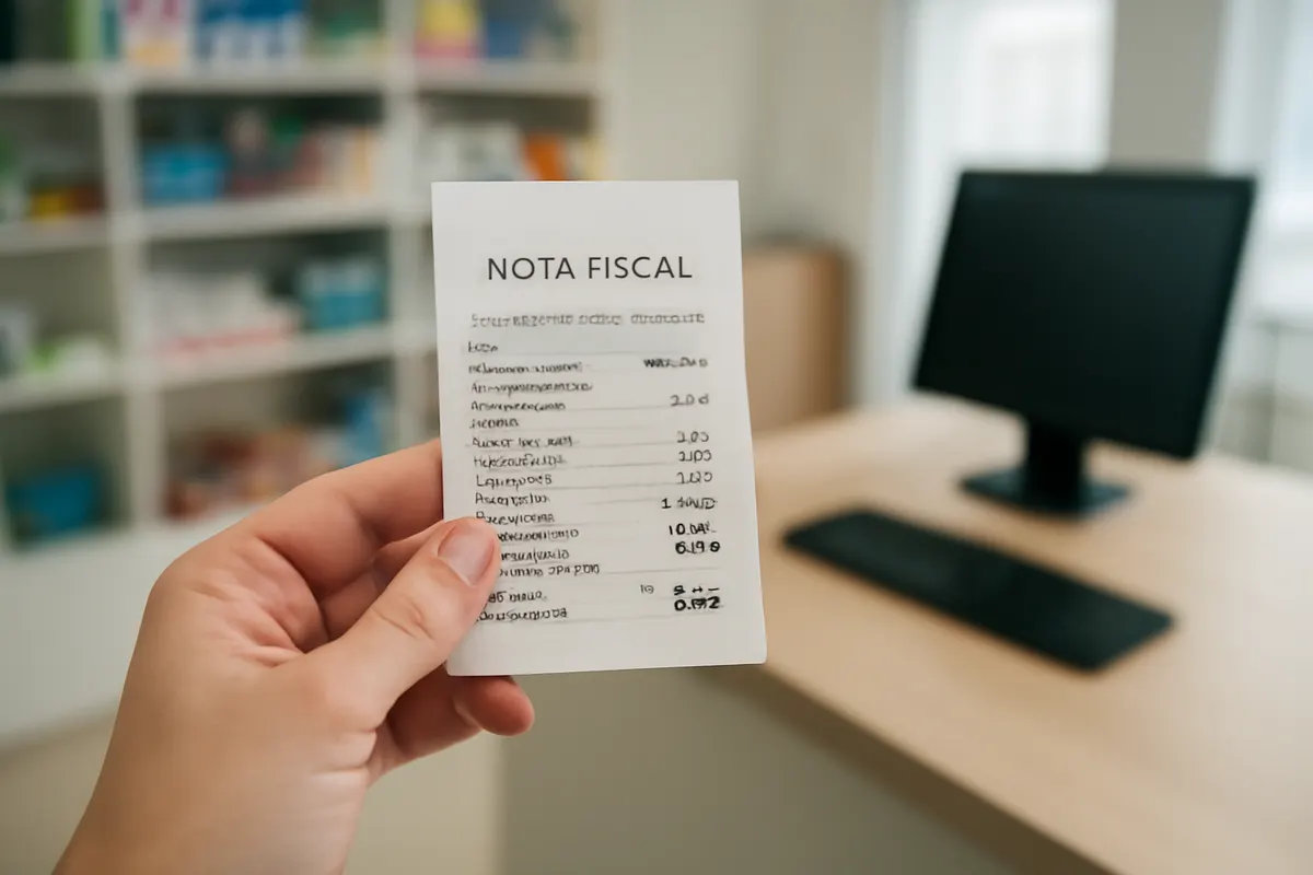Close-up de uma mão segurando uma nota fiscal impressa.
