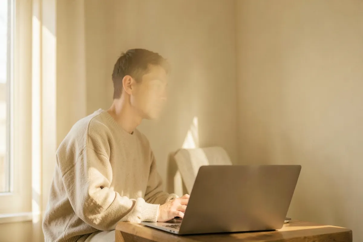 Uma pessoa sentada em frente a um laptop com uma expressão pensativa, em um ambiente doméstico.