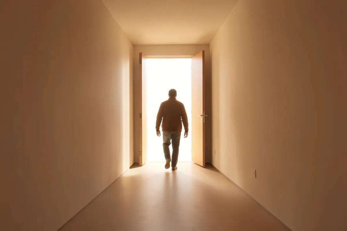 Uma pessoa caminhando em direção a uma porta aberta com luz brilhante saindo dela.