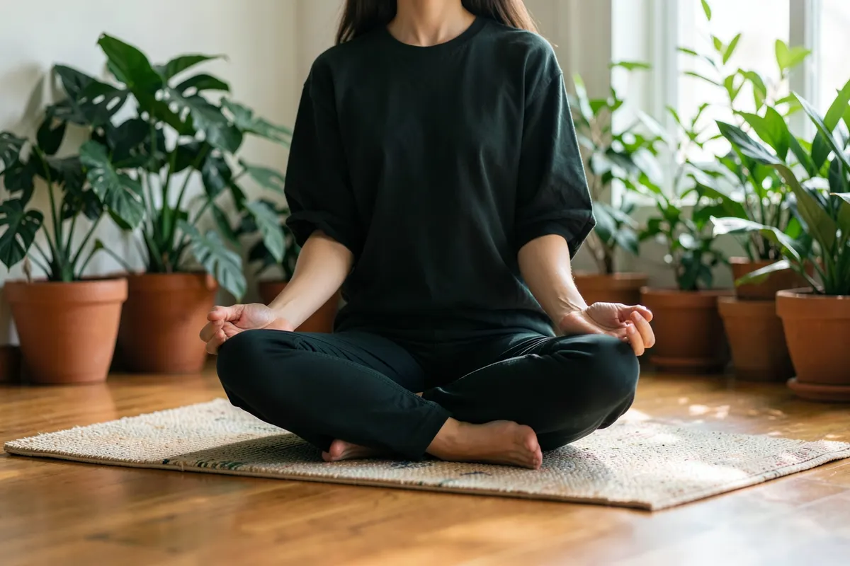 Uma pessoa meditando em um ambiente tranquilo com plantas e luz suave.