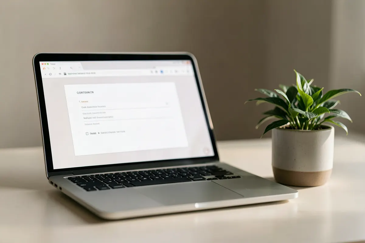 Um laptop aberto exibindo um formulário de consulta online em uma mesa limpa.