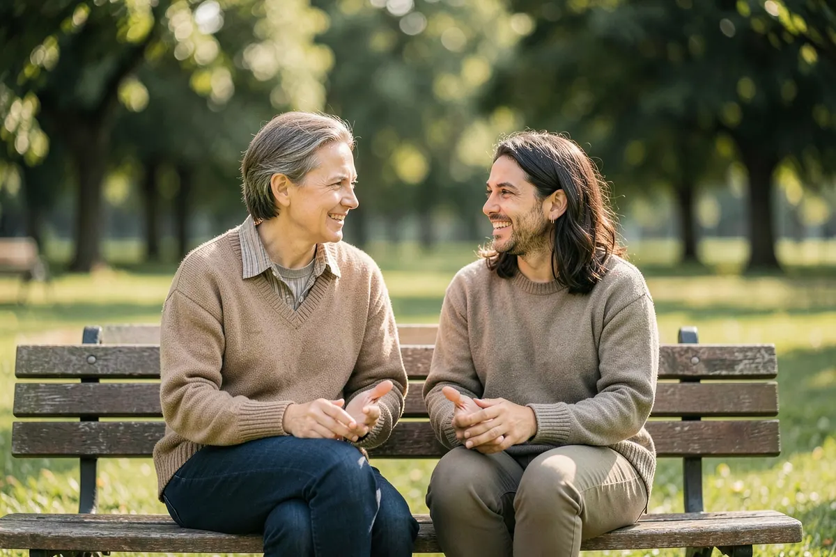Duas pessoas conversando em um parque, com árvores ao fundo.