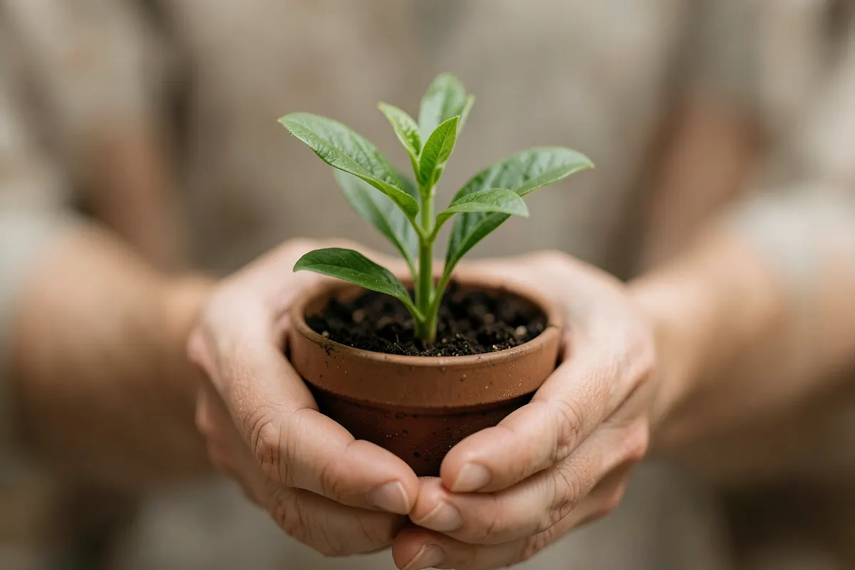Mãos segurando delicadamente uma planta pequena que cresce.