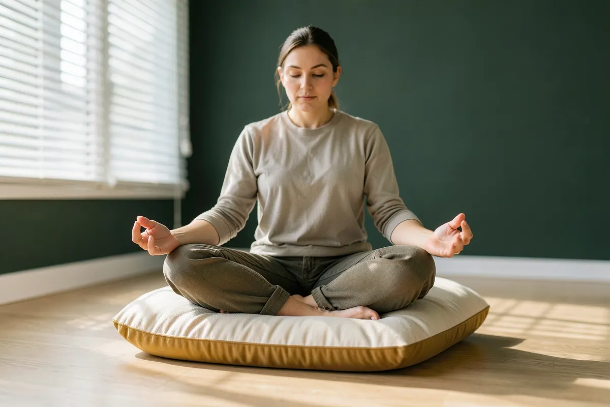 Pessoa meditando sentada em posição de lótus em um ambiente tranquilo.