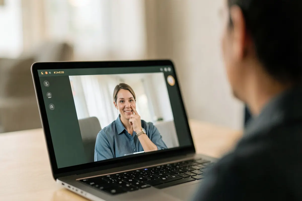Tela de computador mostrando uma consulta médica online com um psiquiatra.