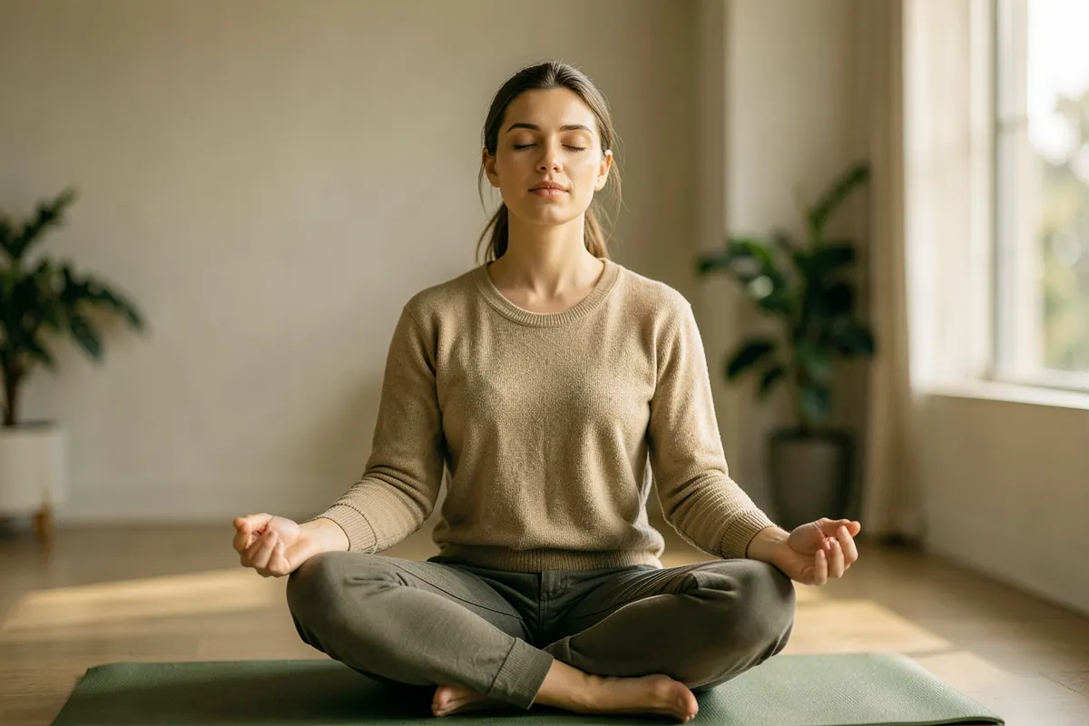 Uma pessoa praticando meditação sentada em um tapete de yoga, com os olhos fechados e expressão serena.