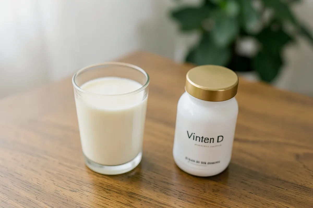 Um copo de leite e um frasco de suplemento de vitamina D sobre uma mesa de madeira.