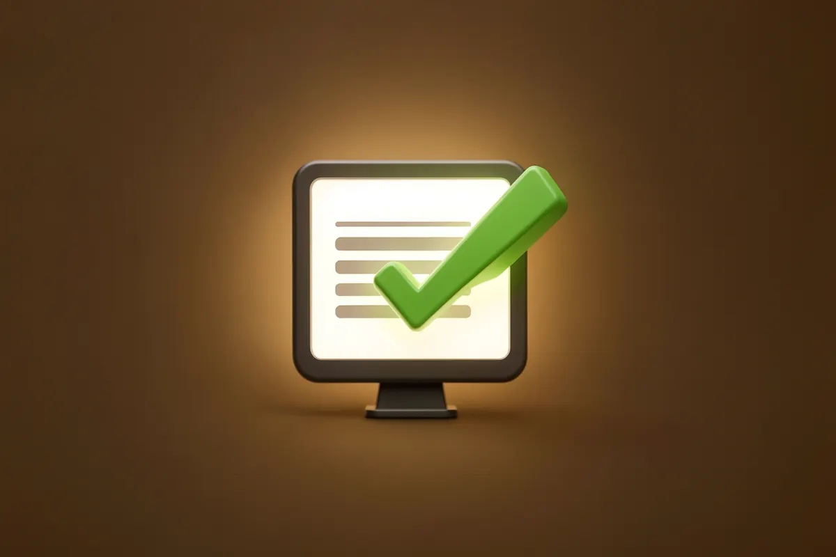 Um ícone de computador exibindo um formulário de consulta online com um checkmark verde.