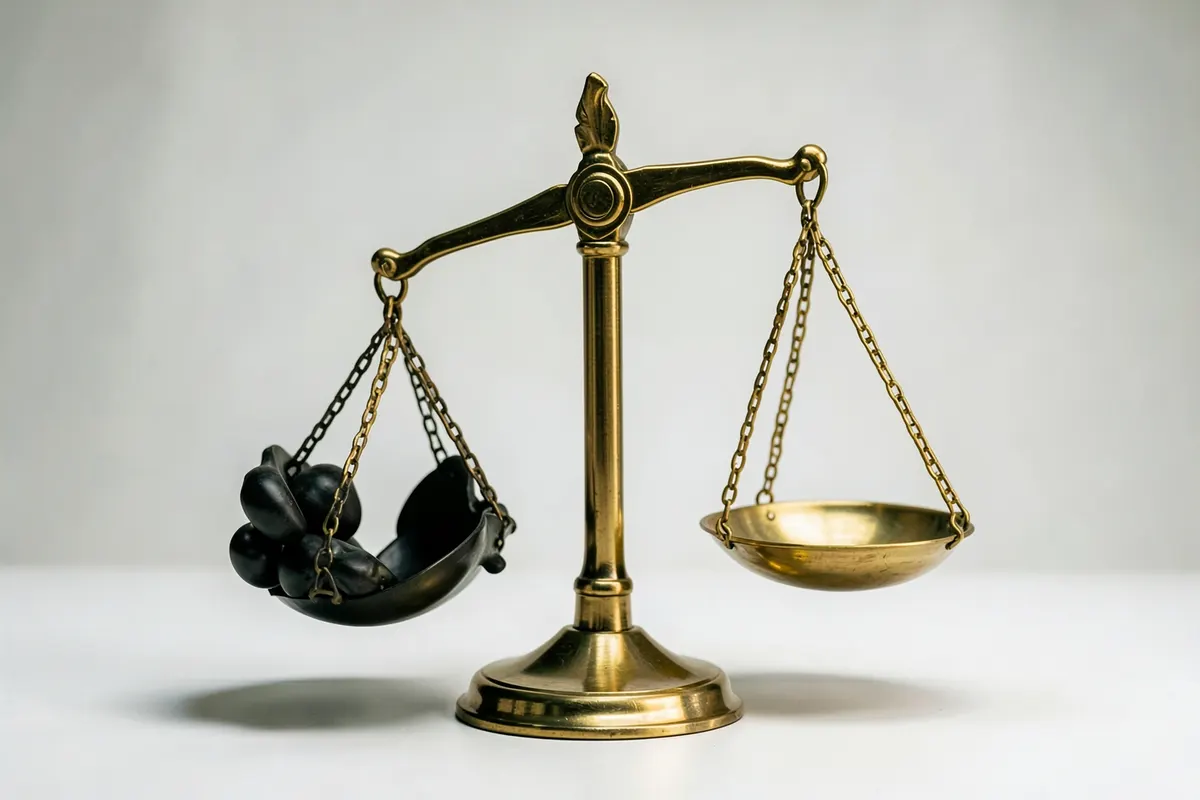 Uma balança de justiça desequilibrada, com um lado pesando mais que o outro.