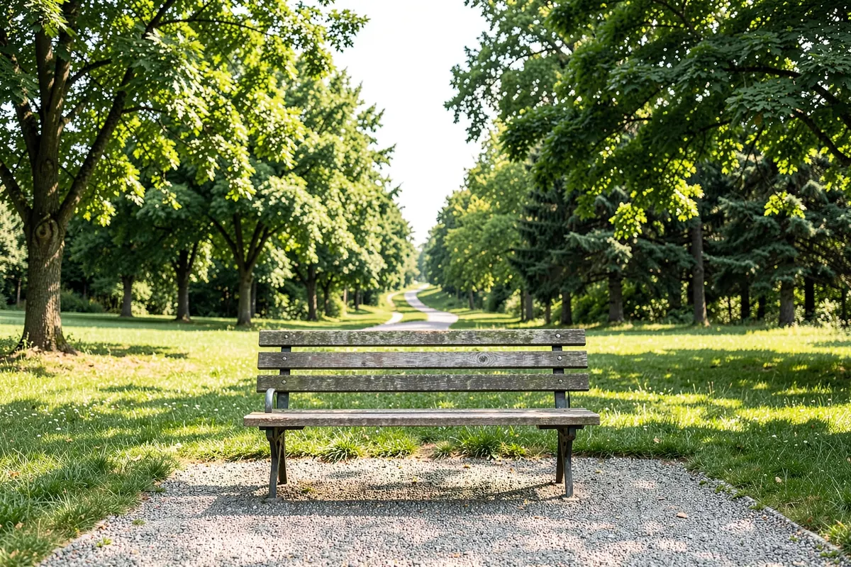 Uma pessoa solitária sentada em um banco de parque observando a paisagem.