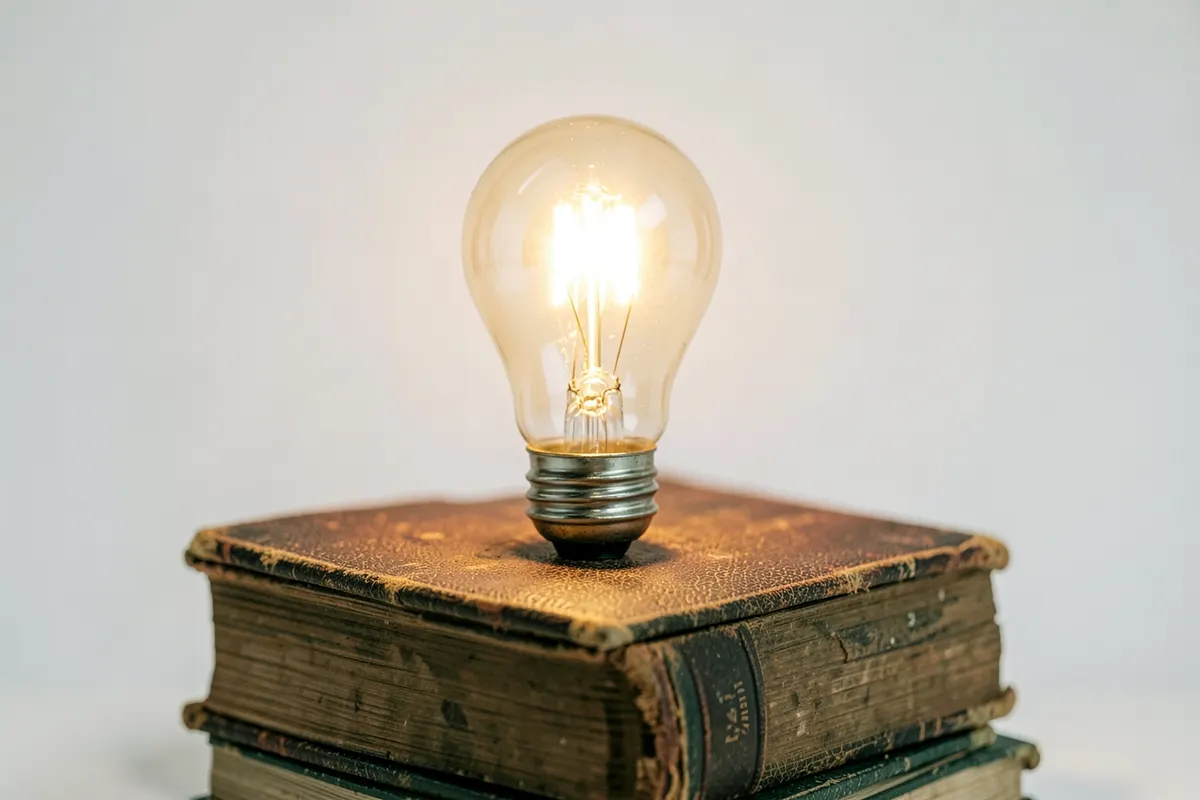 Uma lâmpada acesa sobre uma pilha de livros.