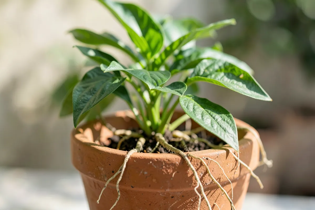 Uma planta crescendo a partir de um vaso, com raízes visíveis e folhas verdes vibrantes