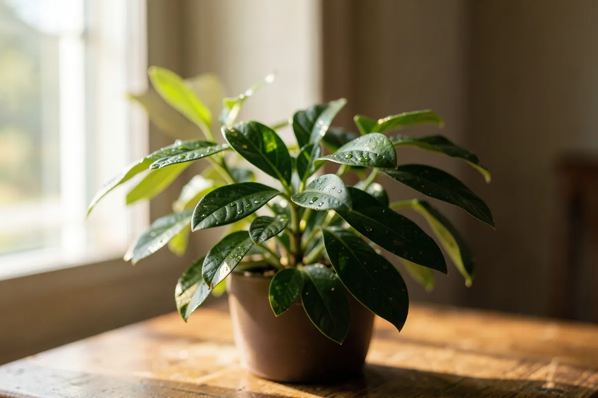 Uma pessoa regando uma planta em um ambiente interno iluminado pelo sol