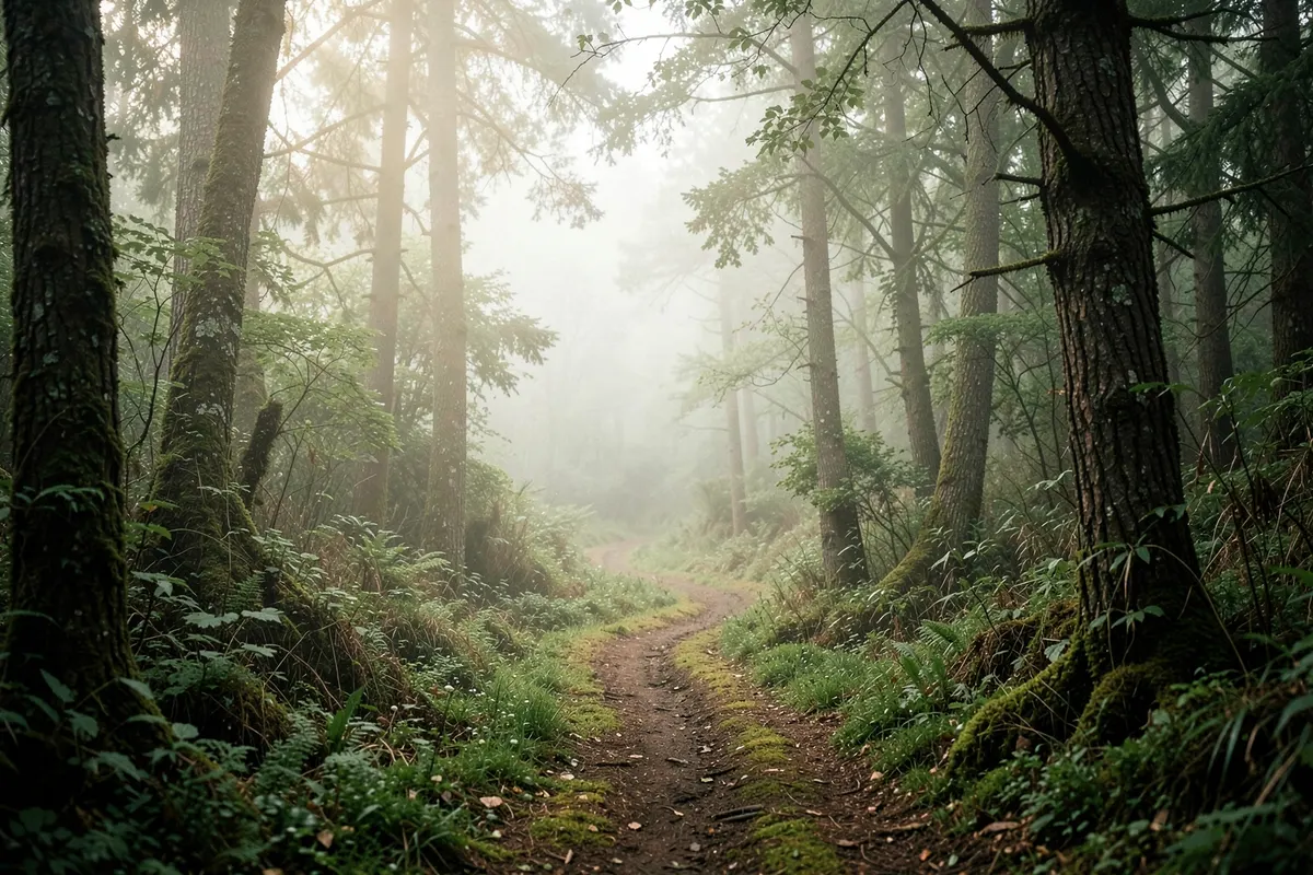 Um caminho sinuoso em uma floresta com neblina, sugerindo incerteza