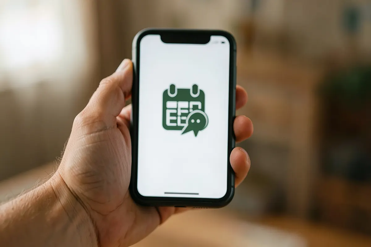 Uma mão segurando um telefone com um ícone de calendário e um símbolo de ajuda