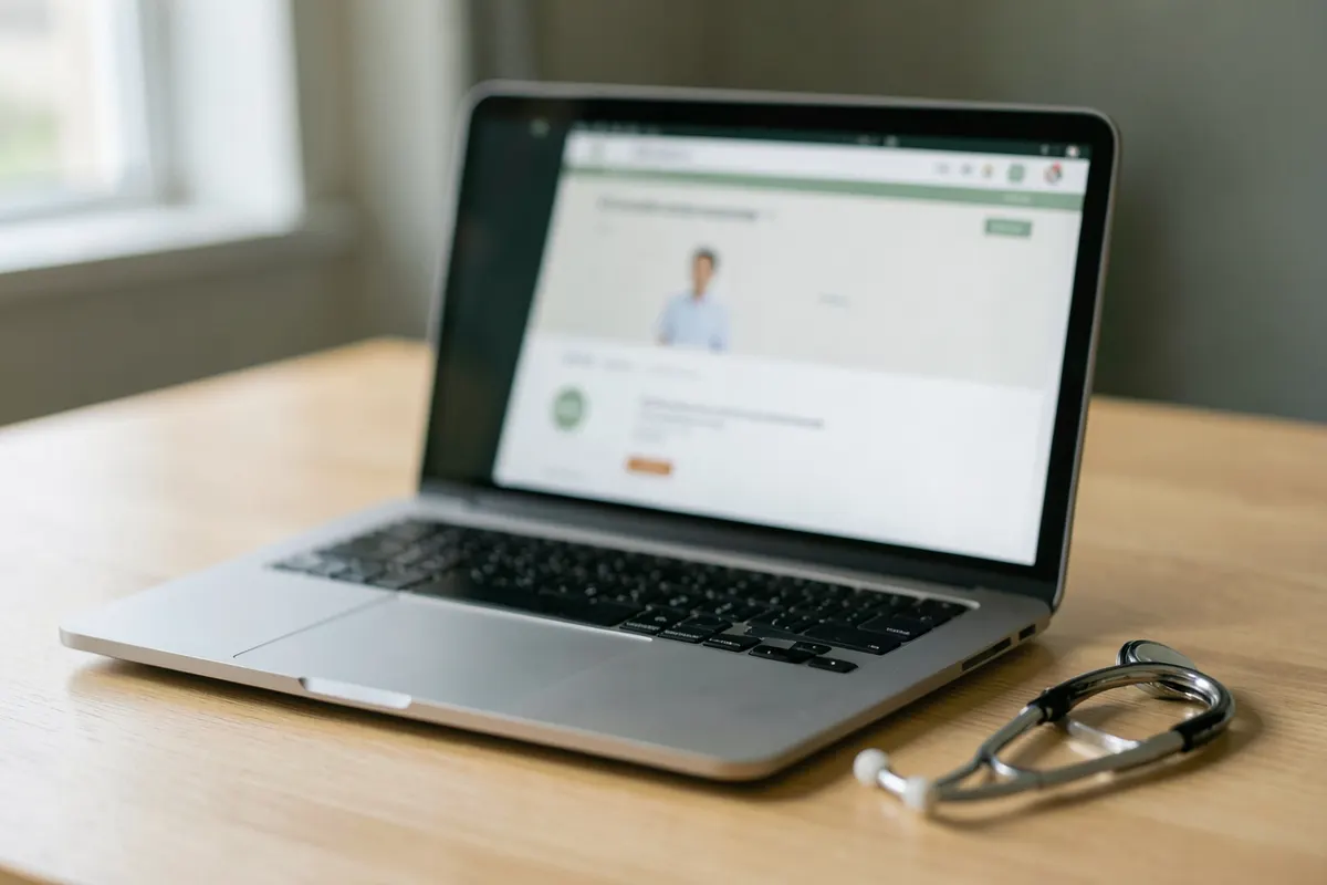 Um laptop aberto exibindo uma interface de consulta médica online com um estetoscópio ao lado