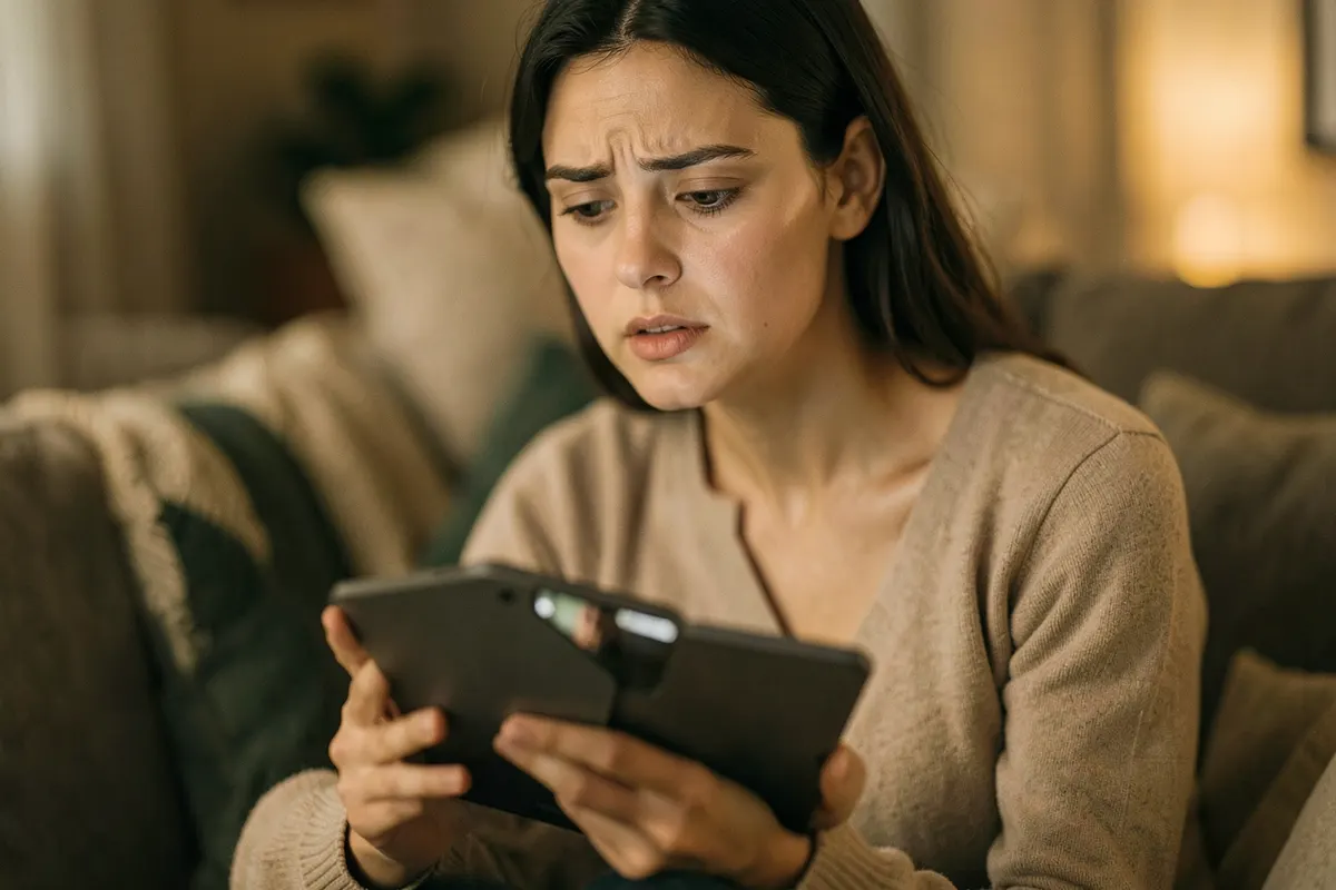 Uma pessoa sentada em uma sala de estar aconchegante, segurando um tablet e parecendo preocupada.