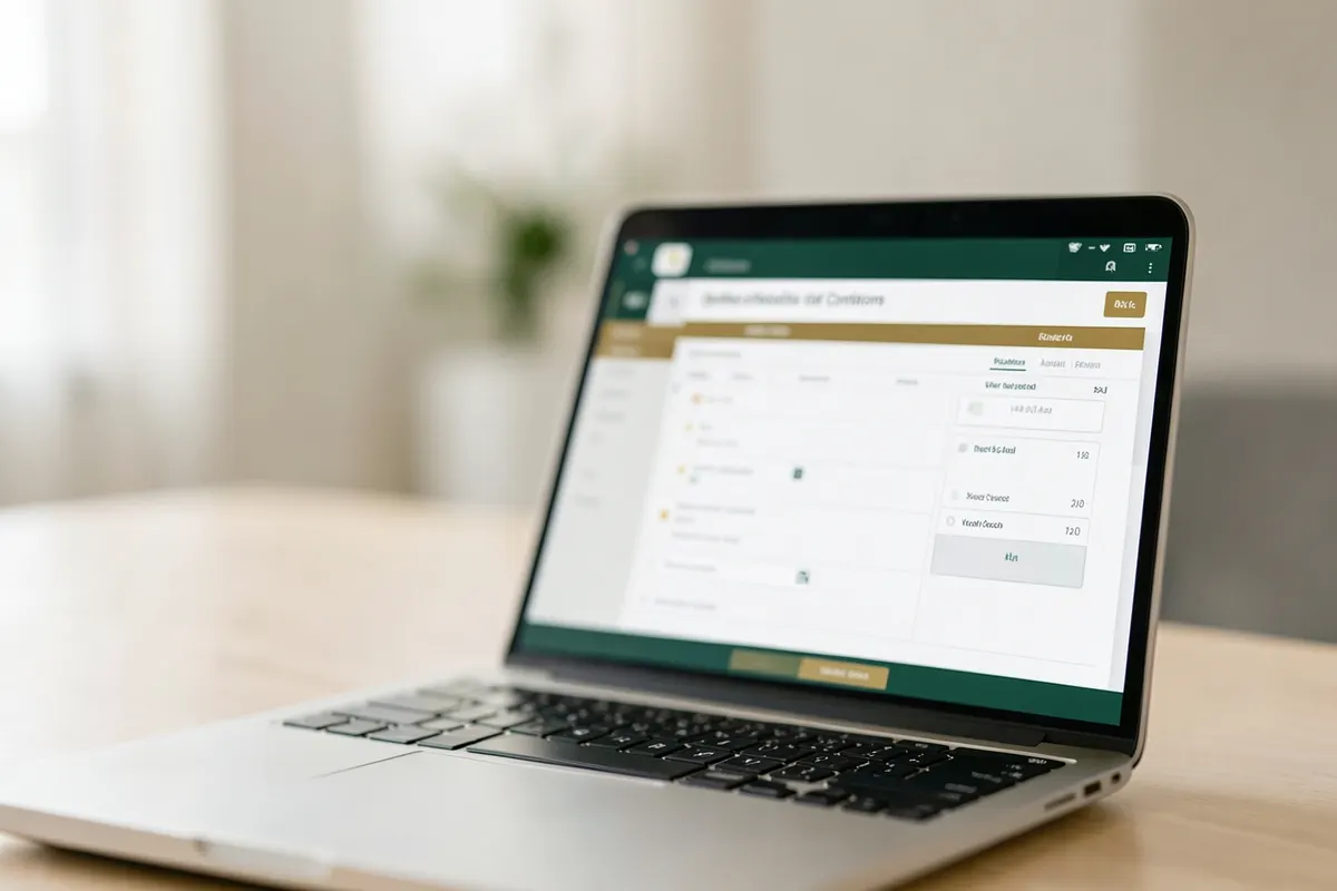 Uma tela de laptop mostrando uma interface de agendamento de consulta médica online, com um calendário e horários disponíveis.
