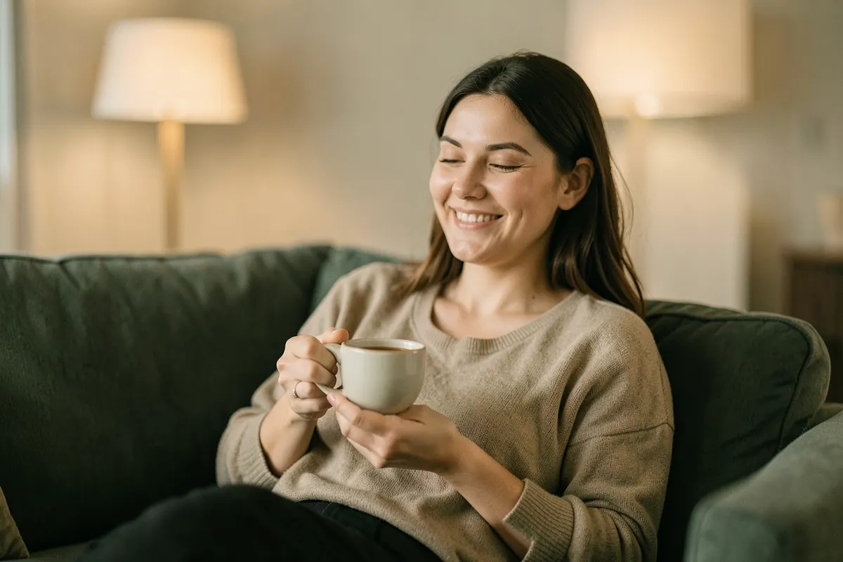 Uma pessoa relaxando em um sofá confortável, com um sorriso satisfeito, segurando uma xícara de chá.