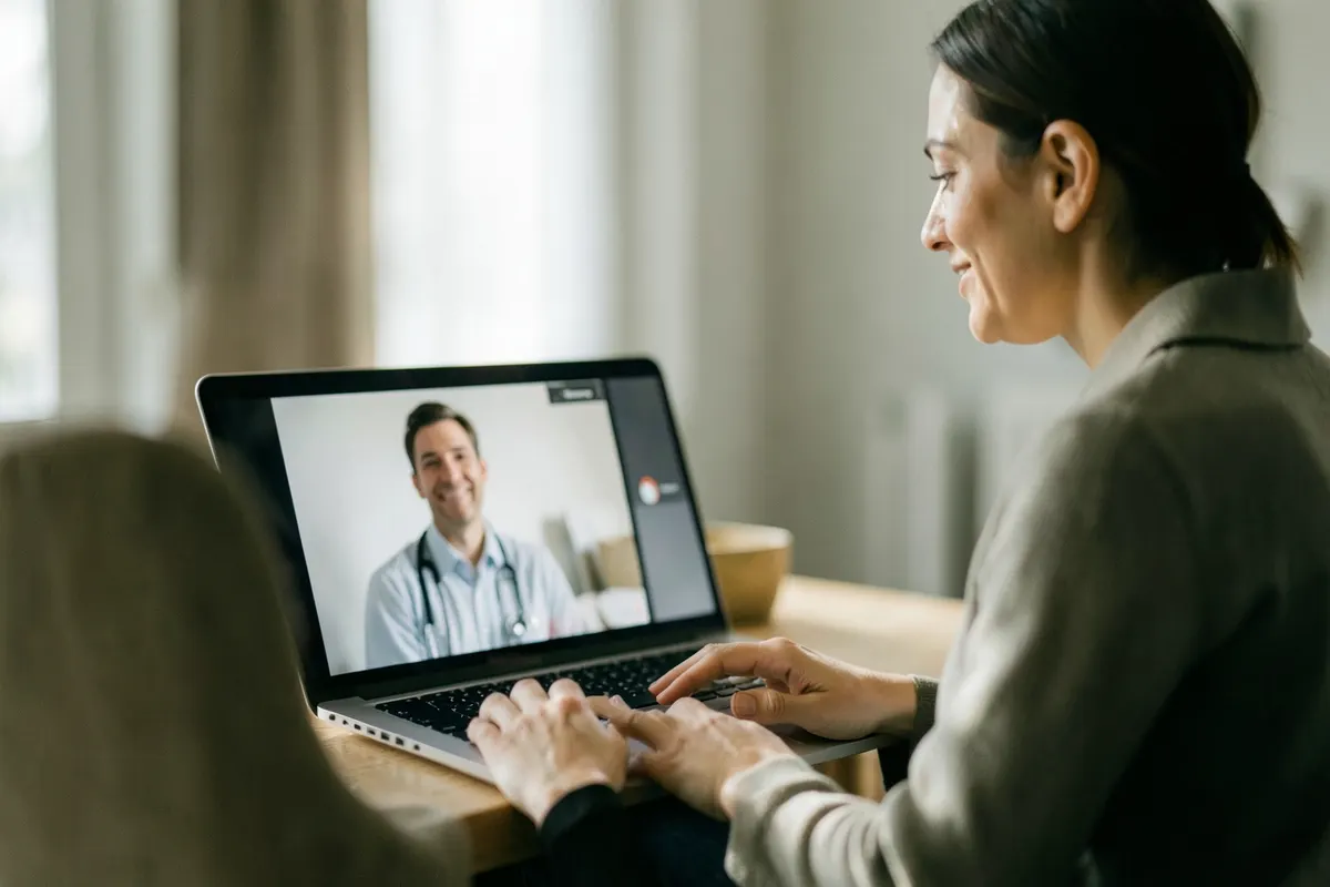 Uma pessoa sentada em frente a um laptop, conversando com um psiquiatra online, com uma expressão de alívio.