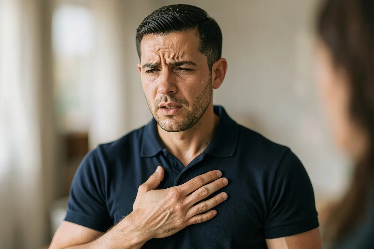 Homem com as mãos no peito, respirando ofegante, com suor na testa.