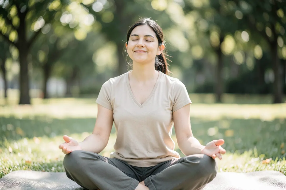 Pessoa praticando exercícios de respiração profunda em um parque, com os olhos fechados e um leve sorriso.