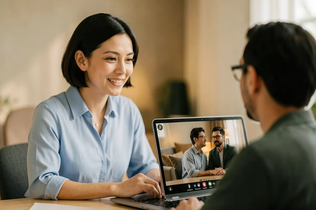Psiquiatra sorrindo gentilmente para um paciente em uma videochamada, ambos em ambientes confortáveis.