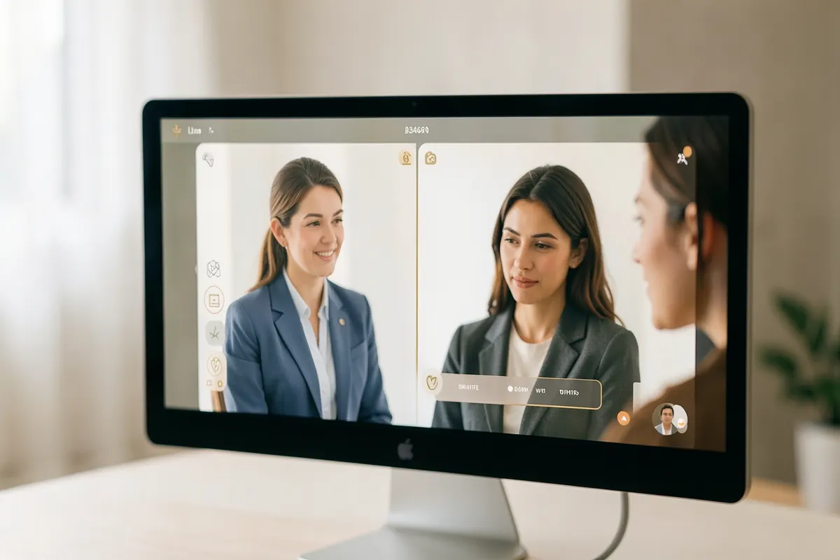 Tela de computador mostrando uma interface de videochamada com um psiquiatra e paciente, com ícones de saúde mental.