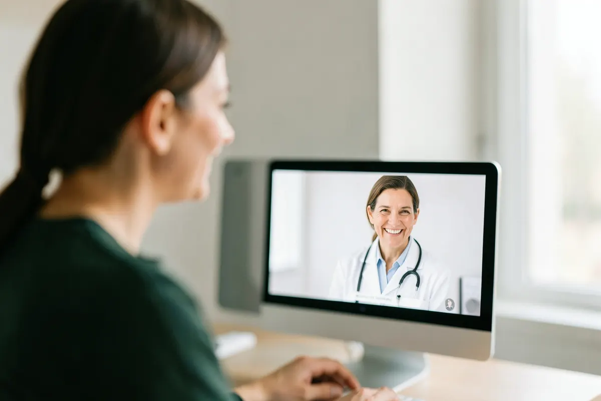 Uma pessoa em uma videochamada com um médico em uma tela de computador, ambos sorrindo.