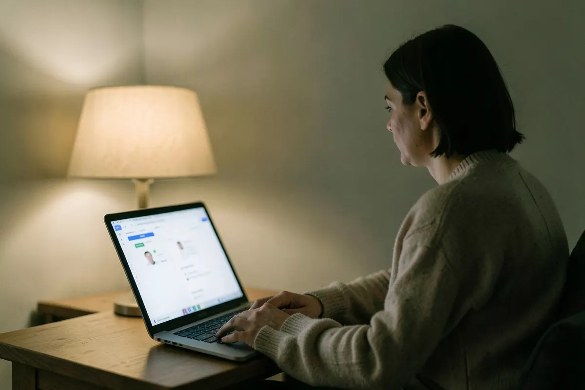 Uma pessoa relaxada em casa, usando um laptop para uma consulta médica online.