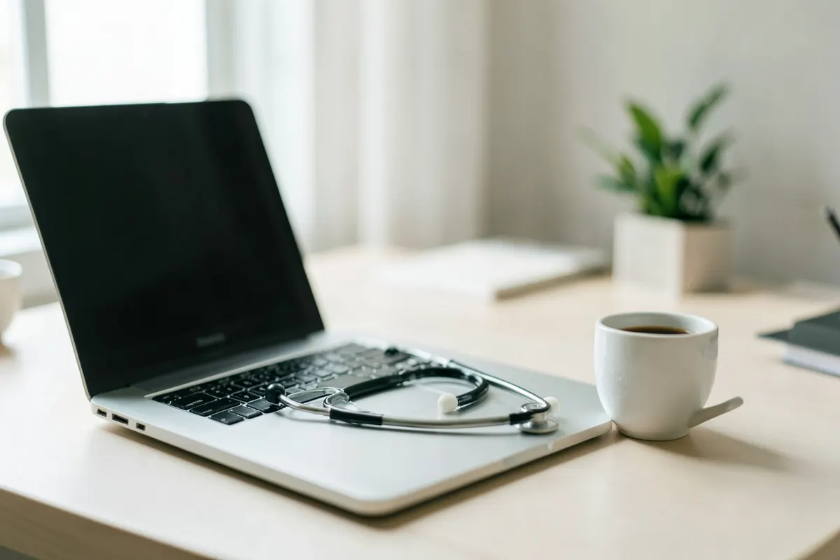 Um estetoscópio sobre um laptop aberto, com uma xícara de café ao lado.