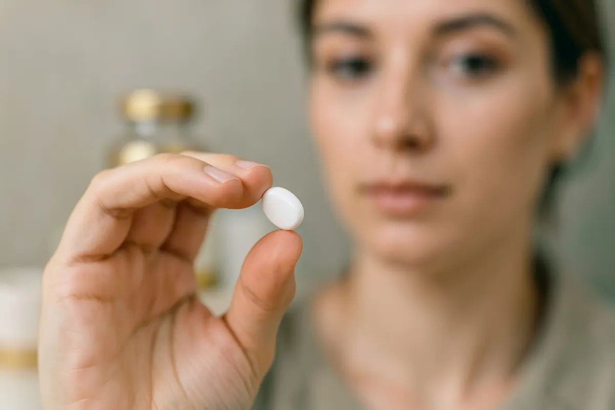 Close-up de uma mão segurando um comprimido branco com ponta de dedo, com um fundo desfocado de um frasco de comprimidos.