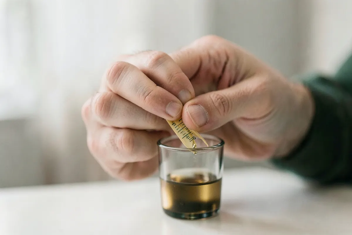 Mão masculina ajustando a dose de um medicamento líquido em um copo medidor.