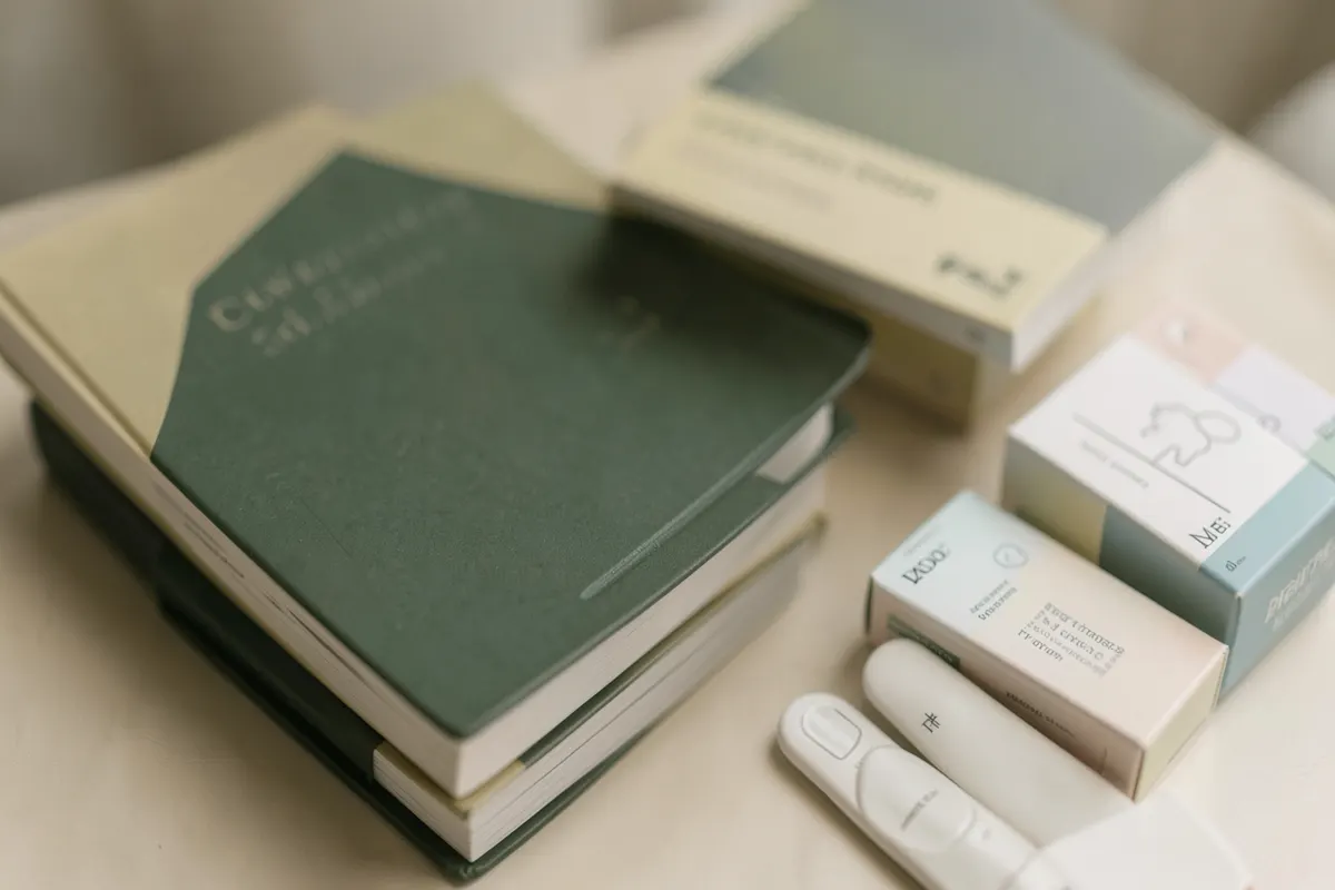 Pilha de livros sobre psiquiatria e caixas de medicamentos organizadas sobre uma mesa.